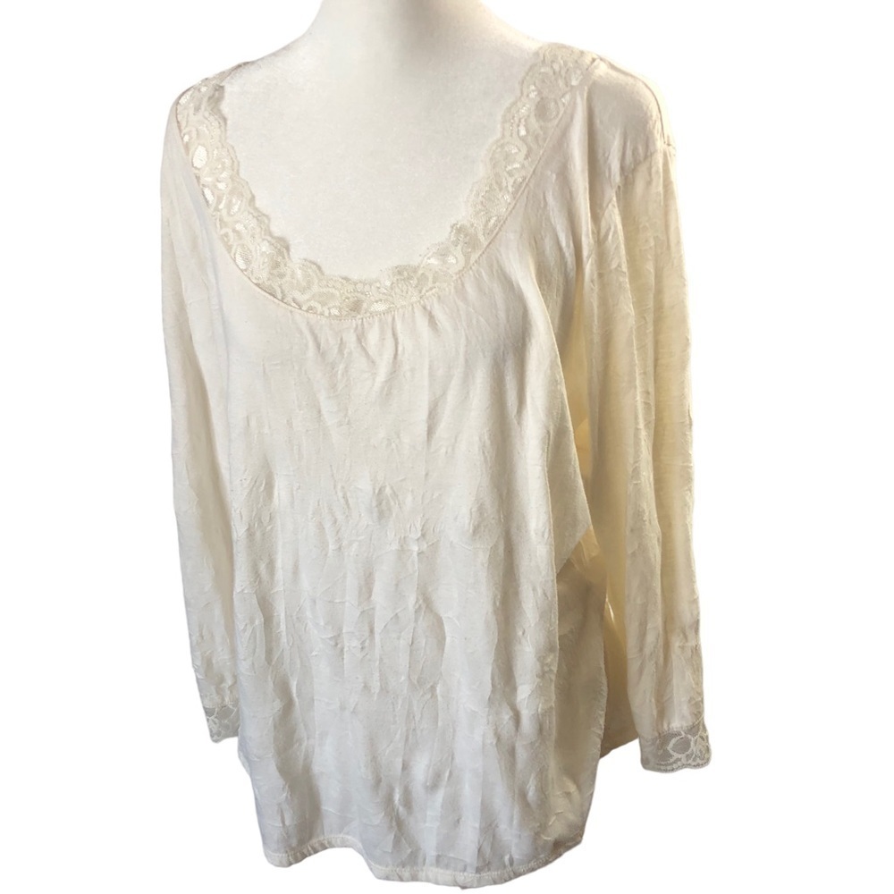 J Jill Popover Top Women L Cream Lace Trim Scoop Neck 3/4 Sleeves